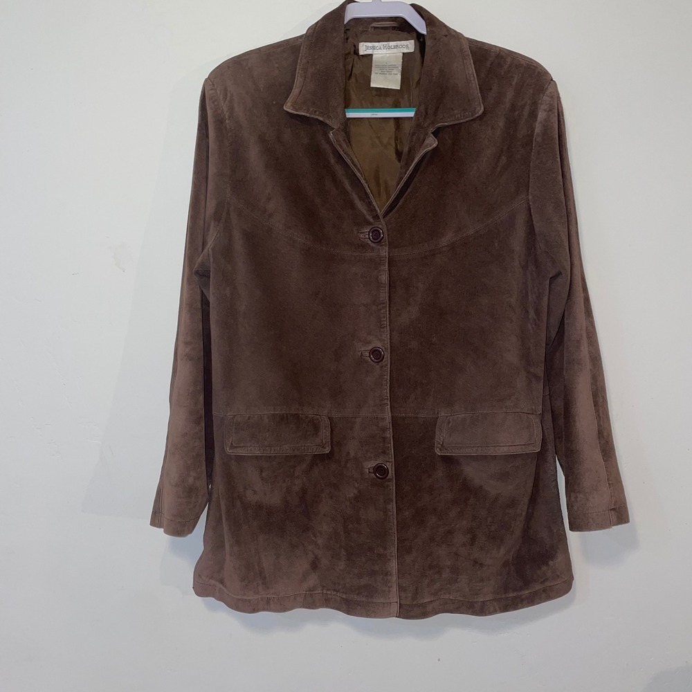 Vintage Jessica Holbrook Brown 100% Suede Leather Button Front Jacket Large